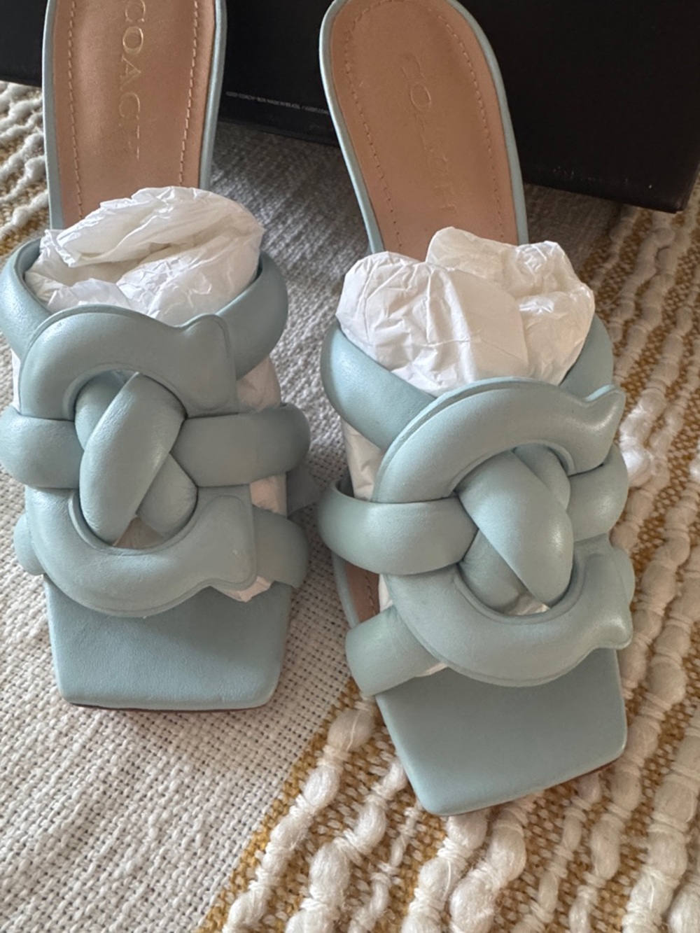 COACH Women's Pale Blue Knotted Leather Slide heel sandal with org box - Picture 2 of 10